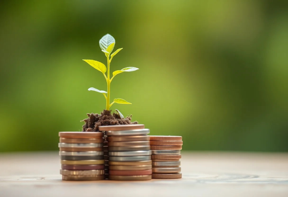 A small plant growing from a stack of coins, symbolizing sustainable growth and investment.