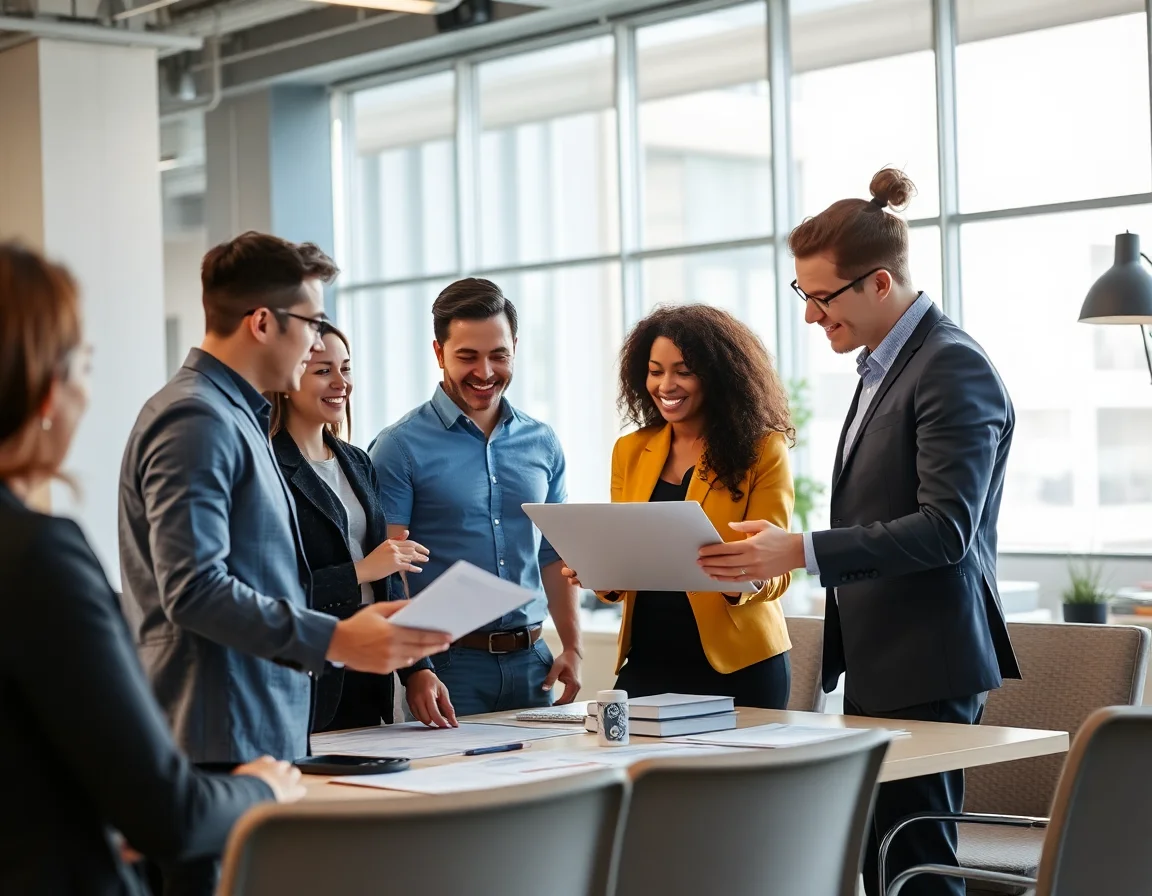 Diverse team collaborating on a business strategy in a modern office.